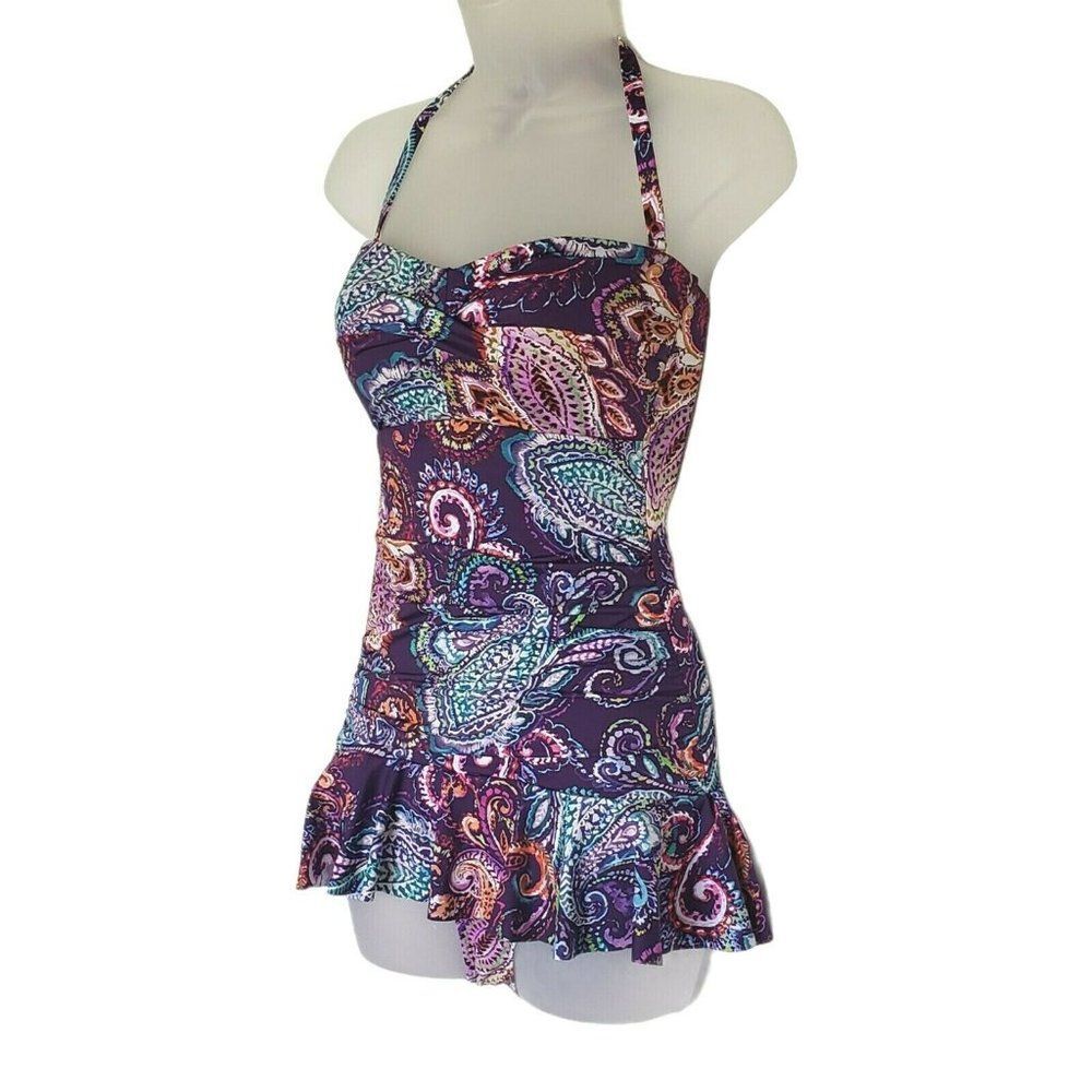 Ralph Lauren‎ Purple Captiva Paisley One Piece Swimsuit Underwire Beach NEW $142